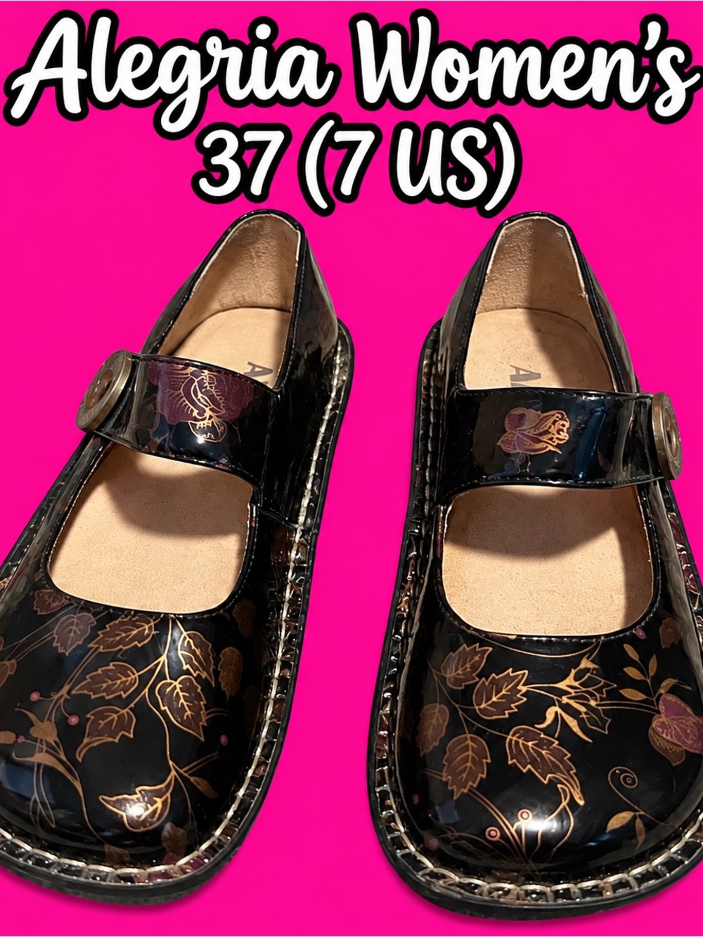 Alegria Women’s Black Patent Floral Mary Jane Flats 37 7